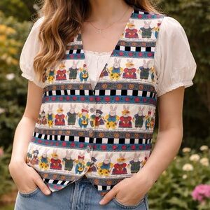 Vintage Handmade Bunny Print Quilted Vest Cottagecore Easter Novelty Vest